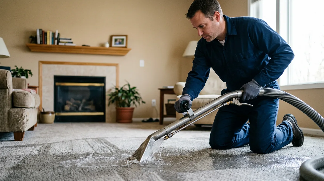 Water damage restoration technician working near Akron, IA